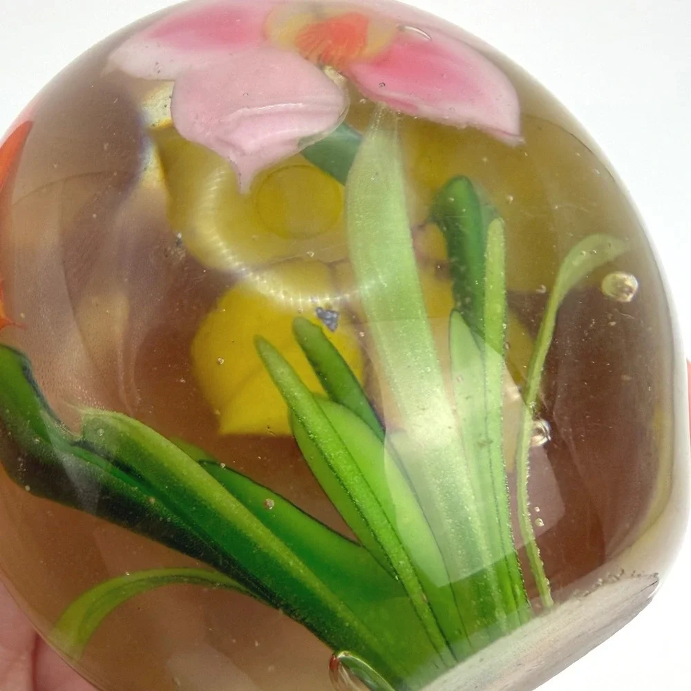 Floral Art Glass Paperweight Pink Yellow Flowers Clear Glass Orb